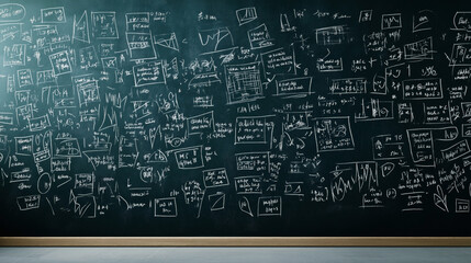 Chalkboard filled with complex mathematical equations, diagrams, and graphs in a classroom or academic setting