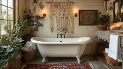A white clawfoot bathtub in a rustic bathroom with a red rug, white towels, plants, and candles.