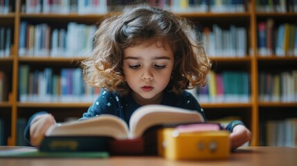 A child reading in a quiet library with a lunchbox on the table, creating a cozy and educational scene with bookshelves in the background