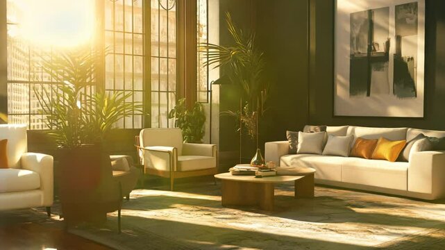 A living room with a white couch and a brown ottoman
