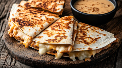Close-up of grilled cheese quesadilla slices on a wooden board with a bowl of dipping sauce on a rustic table