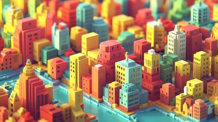 A colorful background made of 3D cubes, like a city made of blocks. The design uses simple shapes and a low-poly style.