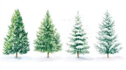 Obraz premium a hand-drawn watercolor illustration of green christmas trees, including spruces and holiday trees, capturing the festive spirit and perfect for holiday cards or decorations
