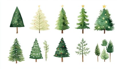 Fototapeta premium a hand-drawn watercolor illustration of green christmas trees, including spruces and holiday trees, capturing the festive spirit and perfect for holiday cards or decorations