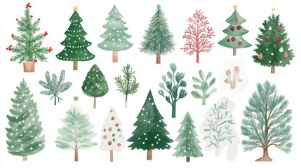 a hand-drawn watercolor illustration of green christmas trees, including spruces and holiday trees, capturing the festive spirit and perfect for holiday cards or decorations
