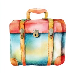 Colorful watercolor travel bag, perfect for adventures and journeys, white isolated background.