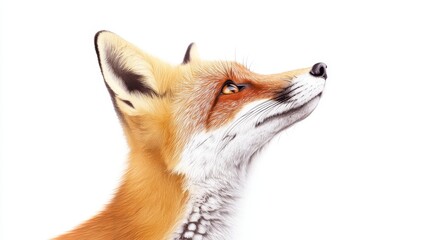 Obraz premium A watercolor portrait illustration of a wild red fox looking up in a side view, hand-drawn and isolated on a white background, capturing the beauty of wildlife in a delicate style.