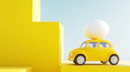 Naklejka premium a whimsical 3d rendering of a bright yellow car with a large egg perched on the roof, capturing the playful spirit of easter, perfect for seasonal promotions or festive backgrounds