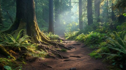 Sunbeams Illuminating a Path Through a Dense Forest