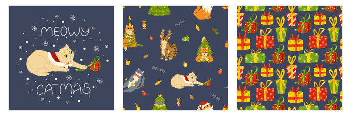 Funny cats celebrating Christmas and New Year. Set of cards and seamless patterns. Background of kittens playing with Christmas ornaments. Vector cartoon holiday print on fabric, wrapping, clothing
