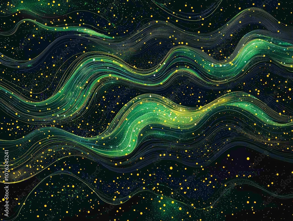 Poster abstract black dark background with green dots and lines, creating a wave pattern on the surface of 