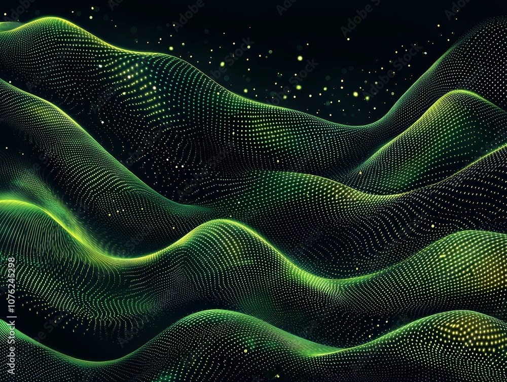 Poster abstract black dark background with green dots and lines, creating a wave pattern on the surface of 