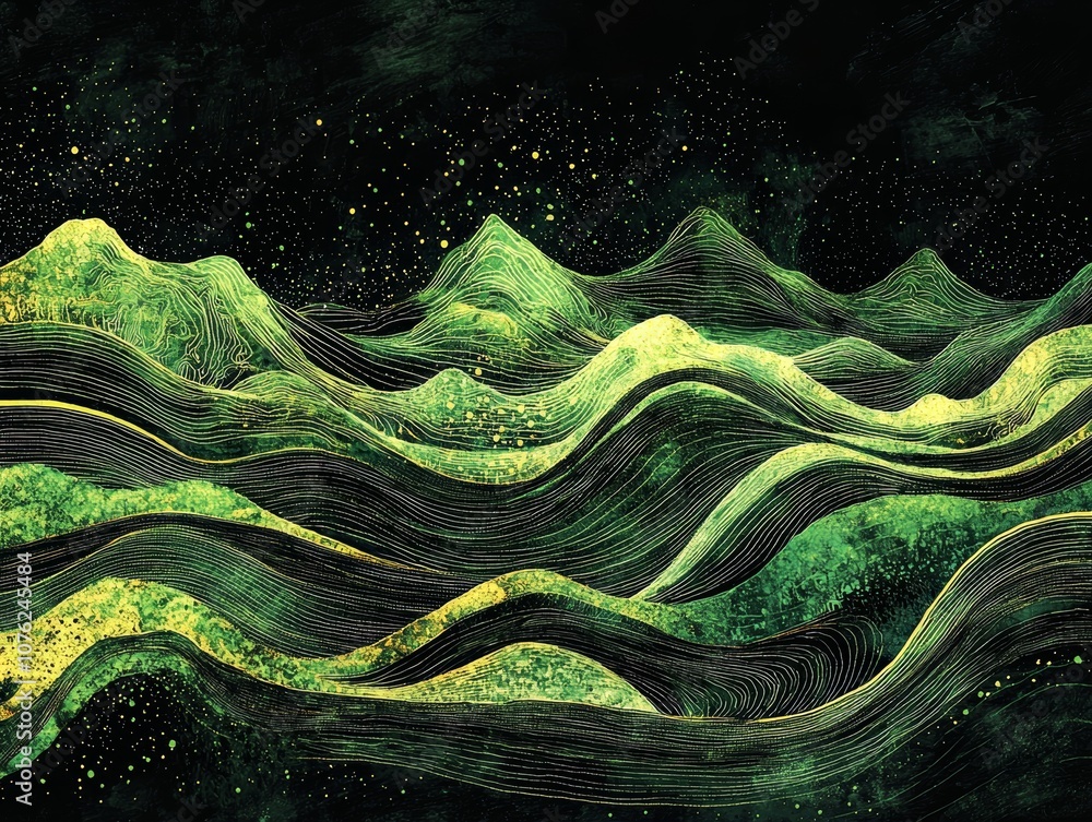 Poster abstract black dark background with green dots and lines, creating a wave pattern on the surface of 