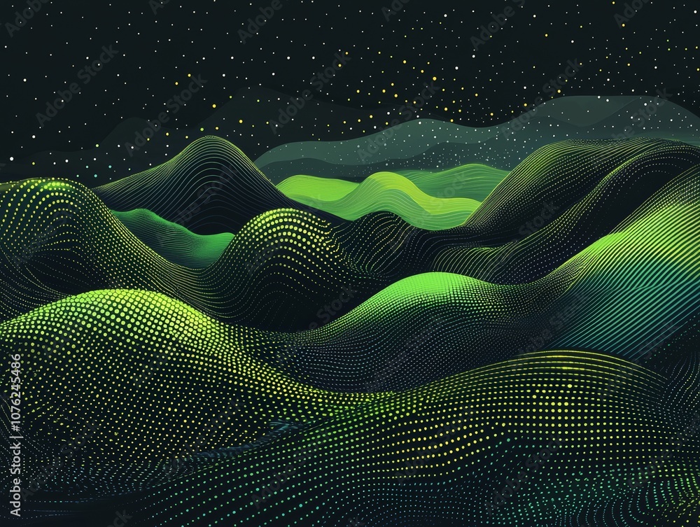 Poster abstract black dark background with green dots and lines, creating a wave pattern on the surface of 
