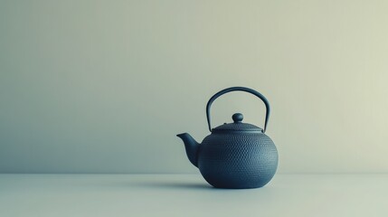 A dark blue teapot sits against a plain white backdrop.