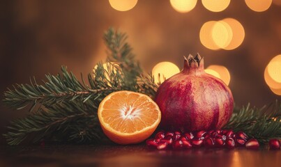 A bowl of fruit with a pomegranate and an orange