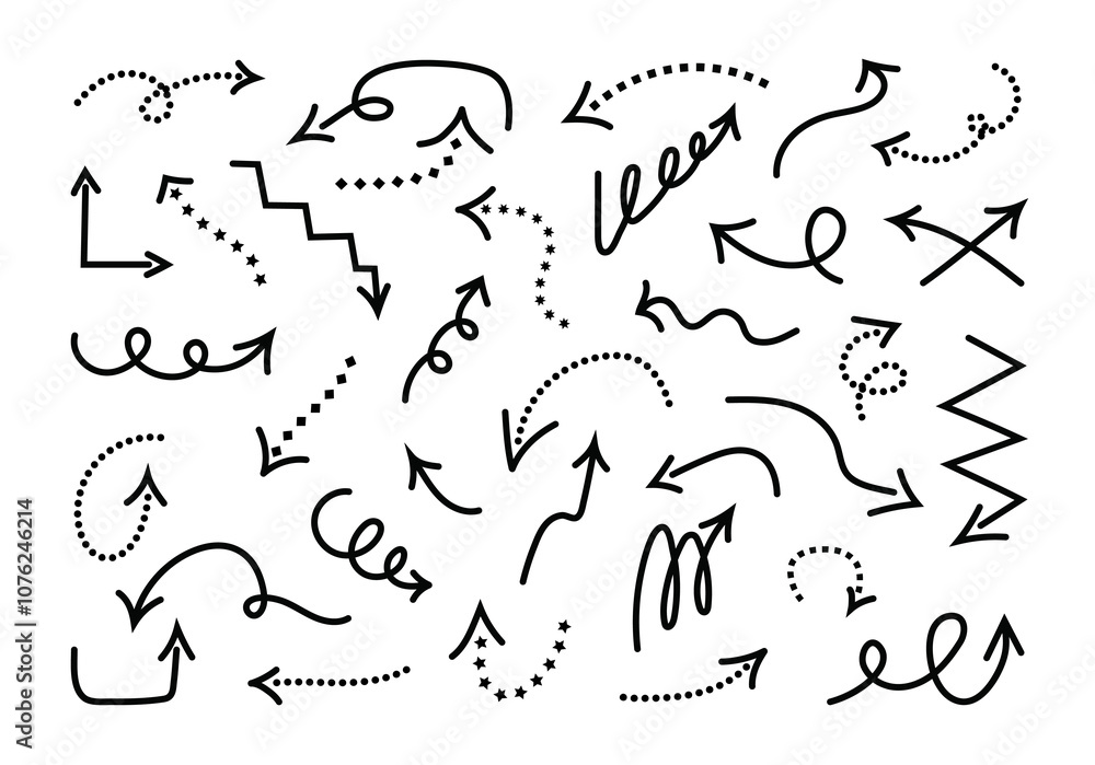 Aufkleber set of hand drawn arrows with different patterns. doodle lines with circles, stars and diamonds.