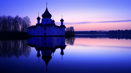 Obraz premium Church with Onion Domes Reflected in a Calm Lake at Dusk