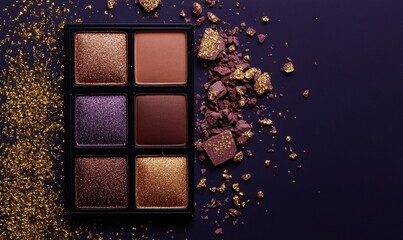 Fototapeta premium A palette of eyeshadow colors: soft lavender, warm rose, deep bronze, and light gold shimmer, with a subtle gold confetti effect
