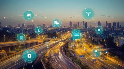 Fototapeta premium A futuristic city skyline with glowing digital icons connecting over a bustling highway. The city lights illuminate the night, creating a vibrant and dynamic scene.