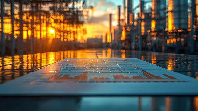 An industrial landscape with a focus on data analysis and reporting, capturing a sunset view over an oil refinery with a sheet of graphs and charts in the foreground.