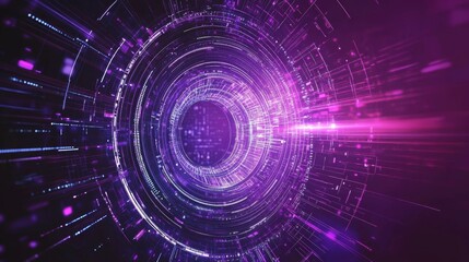 Obraz premium A futuristic circuit board shaped like a circle, with a purple background that represents cybersecurity. This image shows the fast speed of the internet with motion blur and pixel effects.