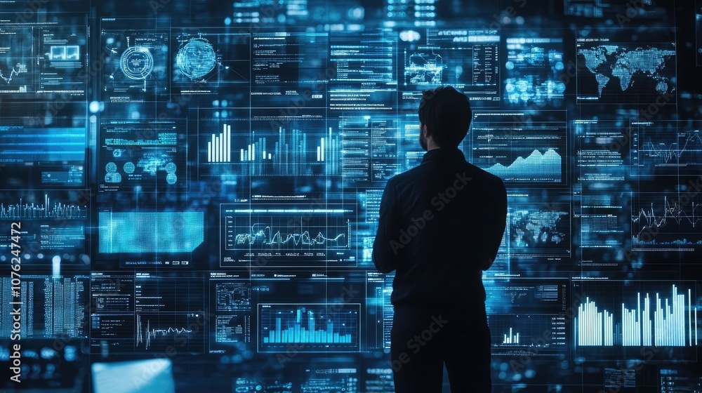 Poster a man in a dark suit stands in front of a wall of glowing digital screens, analyzing data and insigh