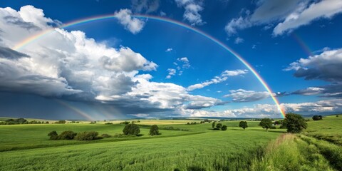 Obraz premium Breathtaking Rainbow Over Lush Green Field with Blue Sky and Clouds, Capturing Nature's Beauty in Perfect Harmony for Scenic Landscapes and Outdoor Photography