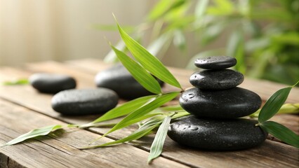 Calming Basalt Stones with Bamboo Leaves for Relaxation and Serenity in Food Photography