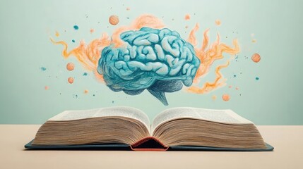 A blue brain illustration floats above an open book, engulfed in orange flames, symbolizing the power of knowledge and imagination.