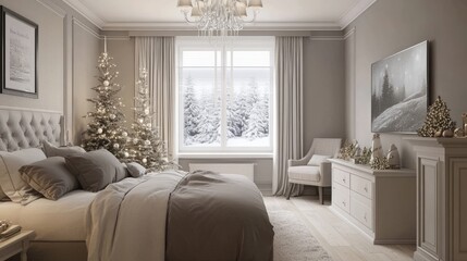 Obraz premium Cozy neutral christmas interior room with elegant holiday decor, featuring soft beige and white accents, minimalist modern home ambiance, and stylish christmas tree, ornaments, and festive details for