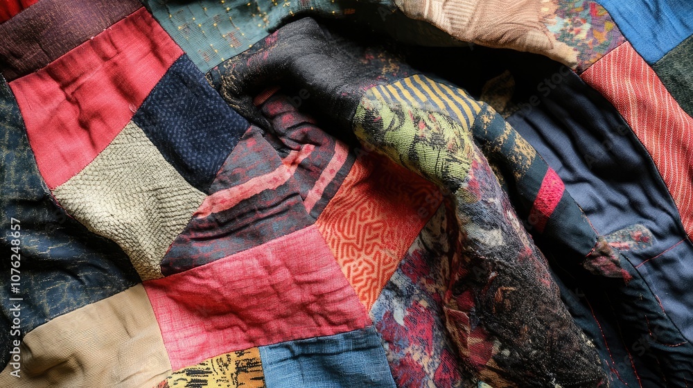 Poster close-up of a colorful patchwork quilt made from different fabrics and patterns.