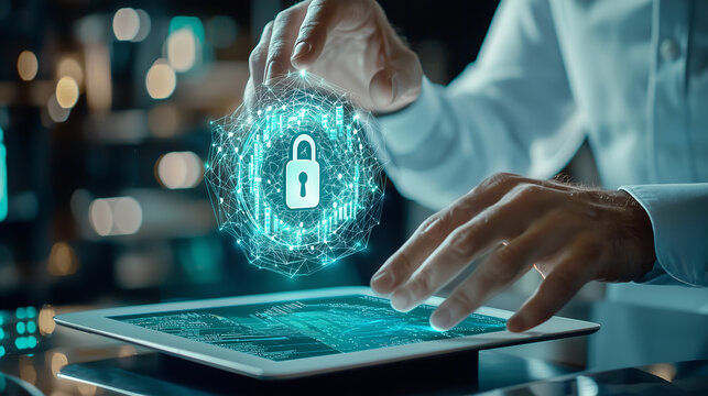 Businessman with Holographic Lock Icon for Data Security