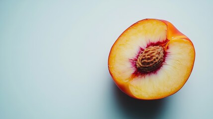 A juicy, fresh peach, cut in half, is shown against a plain white background.