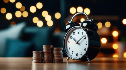 A black analog alarm clock and stacks of coins on a wooden table with bokeh lights in the background, symbolizing time and financial management or investment concepts.