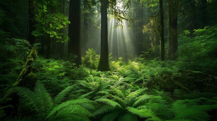 Obraz premium Sunbeams Filtering Through a Lush Forest Canopy