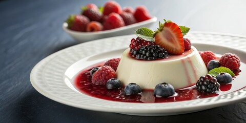 Classic Panna Cotta with Fresh Berries on Elegant Gradient Background, Exquisite Dessert Photography for Food Blogs and Culinary Art