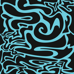 Seamless pattern with abstract silhouette organic black shapes on cyan. Flat background minimalist boho style. Wavy liquid distorted shapes