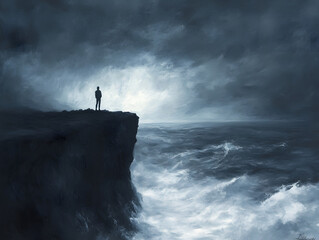 solitary figure stands on cliff, gazing into turbulent sea under stormy sky. dark scene evokes sense of mystery and contemplation, highlighting power of nature