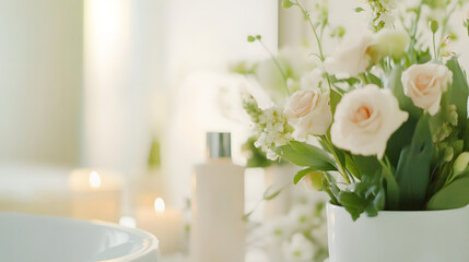 serene setting featuring beautiful arrangement of soft pink roses and greenery, complemented by candles and skincare products, creating calming atmosphere