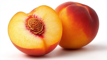 A juicy, ripe peach, all by itself, against a plain white background.