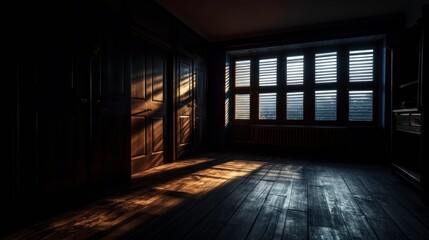 Empty night dark room and moonlight through the window, dark corridor with sun rays. AI 8k photography, ultra HD,and showc
