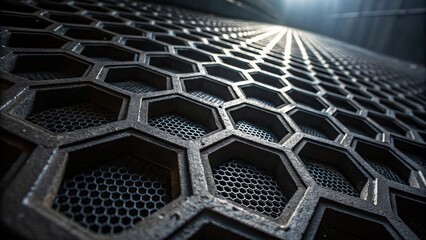 Close-Up of Dark Textured Surface with Hexagonal Holes - Long Exposure Photography, Abstract Patterns, Textures, Design Inspiration