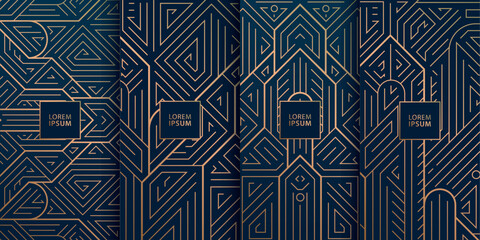 Vector set of art deco line geometric city labels, gatsby frames, elegant package templates. Luxury borders, premium wine, chocolate, perfume boxes