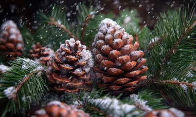 Fototapeta premium A close up of two pine cones covered in snow, surrounded by green leaves