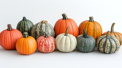 Colorful display of various pumpkins arranged artistically on a white background during autumn