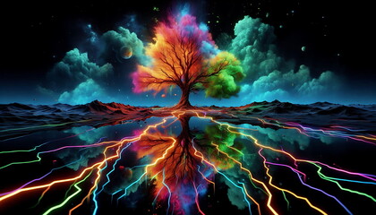 Colorful , Magical Big Tree, Background,  Landscape, Bright and Tranquil Nature, for Home Decor, YouTube Thumbnail, Design, Music Cover Art, 4K Wallpaper