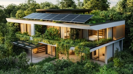 Fototapeta premium Sustainable Modern Home with Green Roof and Solar Panels
