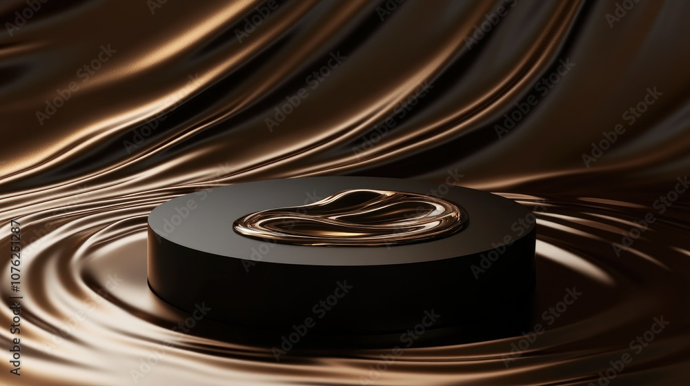Poster elegant abstract metallic shape resting on a smooth dark surface surrounded by flowing textiles in w