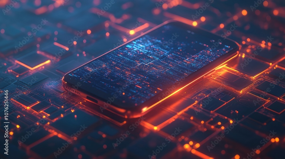 Poster a smartphone lies on a circuit board, glowing with bright orange light. the screen is filled with di